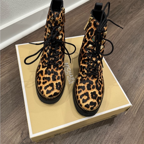 Michael Kors Shoes - Michael Kors Black and Brown Leopard Combat Boots